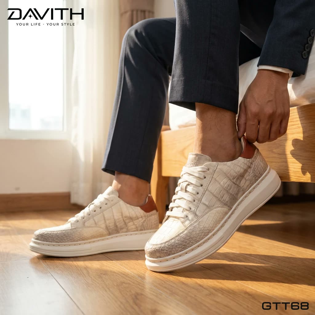 Sneaker da bụng cá sấu bạch tạng GTT68 khi mang